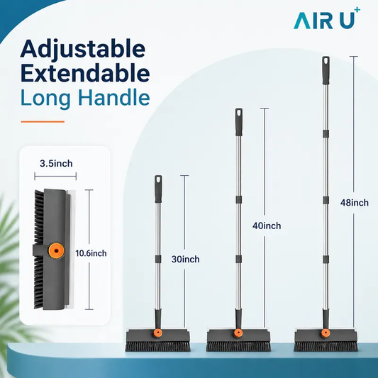 3-in-1 Adjustable Long Handle Floor Brush,Stiff Bristles and Silicone Squeegee, 360° Rotating & Click-Lock, 4 Rods for 3 Lengths, 45° No-Bend Ergonomic Design,for Bathroom, Glass, Garage, Kitchen & Pool