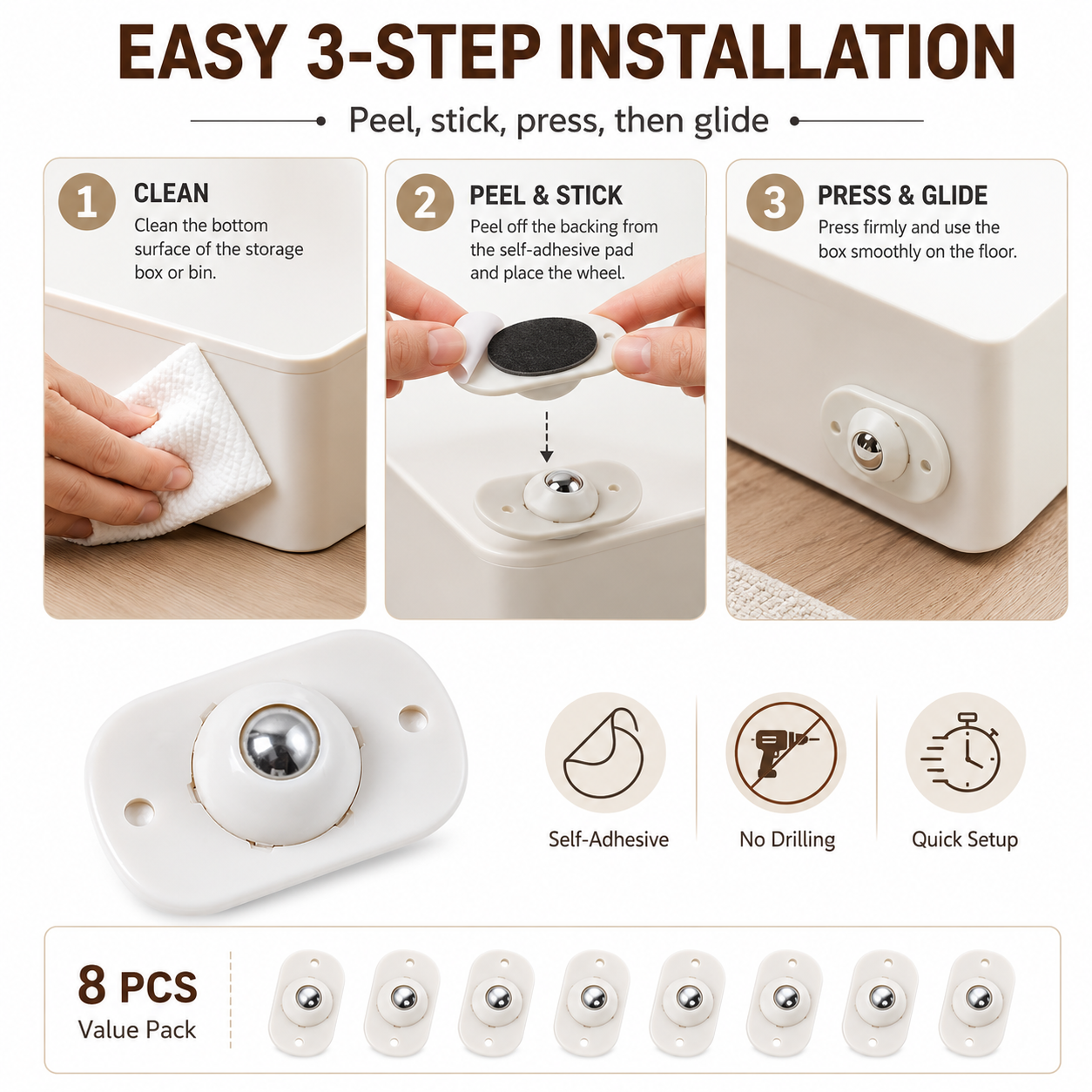8 Counts Self Adhesive Mini Caster Wheels,360 Degree Rotation,durable,Strong Load Low Noise Self Caster Wheels