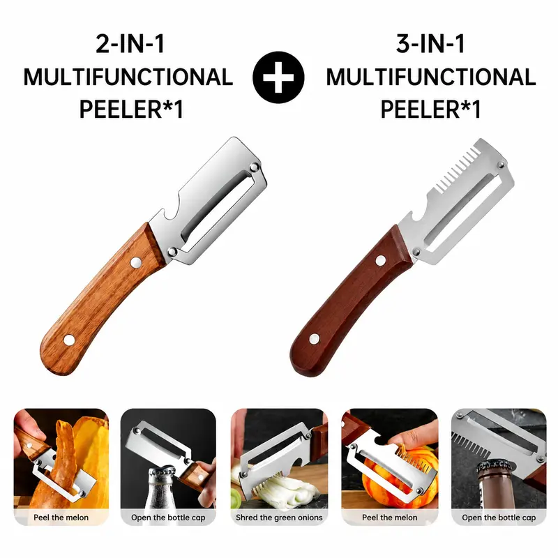 2 PCS Wood Handle Multifunction Kitchen Peeler – Peel, Slice, Scrape & Bottle Opener Tool