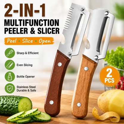 2 PCS Wood Handle Multifunction Kitchen Peeler – Peel, Slice, Scrape & Bottle Opener Tool