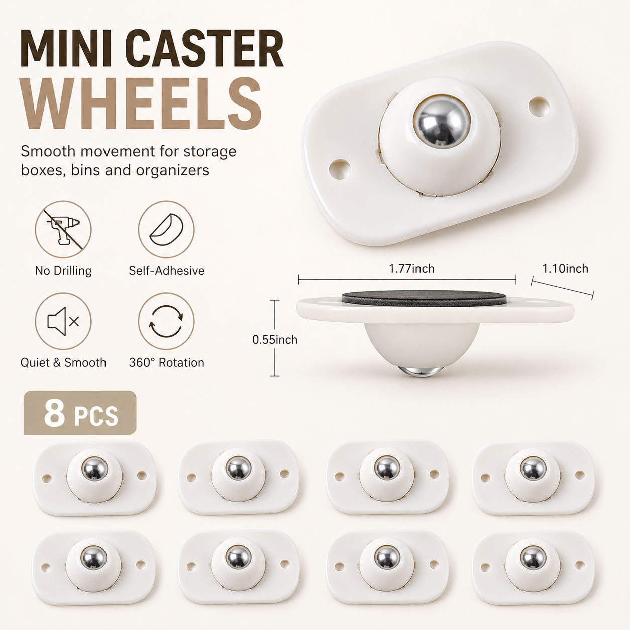 8 Counts Self Adhesive Mini Caster Wheels，360 Degree Rotation,durable,Strong Load Low Noise Self Caster Wheels
