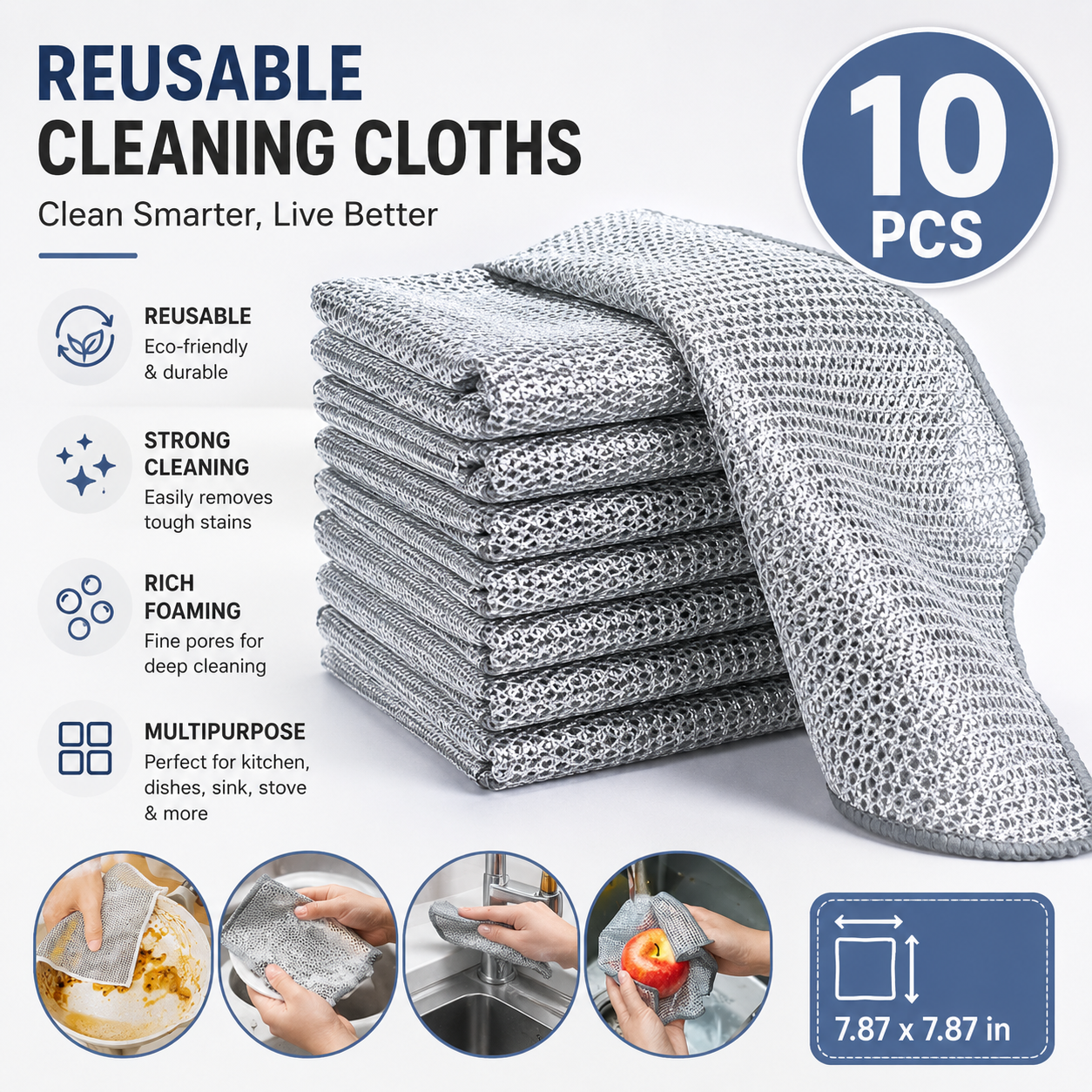 10 Counts Dishwashing Rags，Multipurpose Non-Scratch Wire Dishcloths for Wet and Dry Use, Reusable Wire Cleaning Cloths for Kitchen, Sinks, and Pans Silver Removable, Washable & More