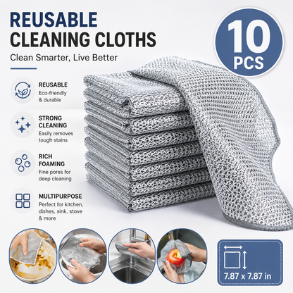 10 Counts Dishwashing Rags，Multipurpose Non-Scratch Wire Dishcloths for Wet and Dry Use, Reusable Wire Cleaning Cloths for Kitchen, Sinks, and Pans Silver Removable, Washable & More