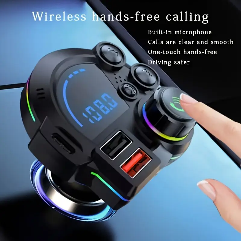 PD 30W Type-C Car Charger & Bluetooth 5.3 FM Transmitter, Wireless MP3 Player with Dual USB Ports, Bass Sound Enhancer, RGB Glowing Radio Adapter, Hands-Free Calls, Car Accessories & Road Trip Essentials, Compatible with 12V-24V