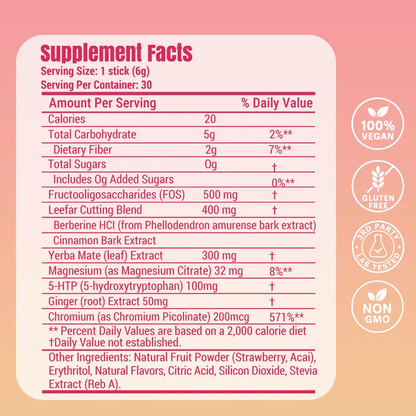 Cutting Drink Mix – Strawberry Açaí Flavor | Berberine + Yerba Mate Supplement, 30 Sticks