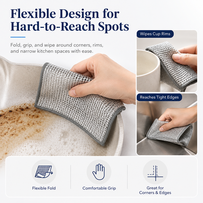 10 Counts Dishwashing Rags，Multipurpose Non-Scratch Wire Dishcloths for Wet and Dry Use, Reusable Wire Cleaning Cloths for Kitchen, Sinks, and Pans Silver Removable, Washable & More