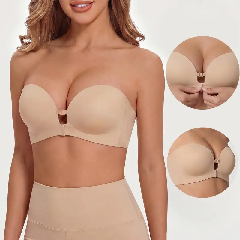 Womens Strapless Front Closure Bra Push Up Lift Bra Padded Add Cup Non Slip Anti-Slip Grip Wireless Supportive Seamless Comfortable Tube Jelly Bra A B C Cup#TikTokShopDealsforYouDays