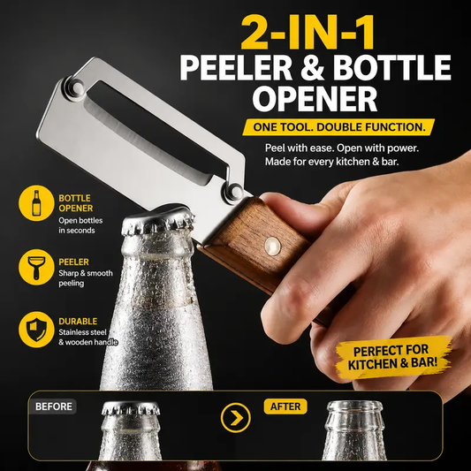 2 PCS Wood Handle Multifunction Kitchen Peeler – Peel, Slice, Scrape & Bottle Opener Tool