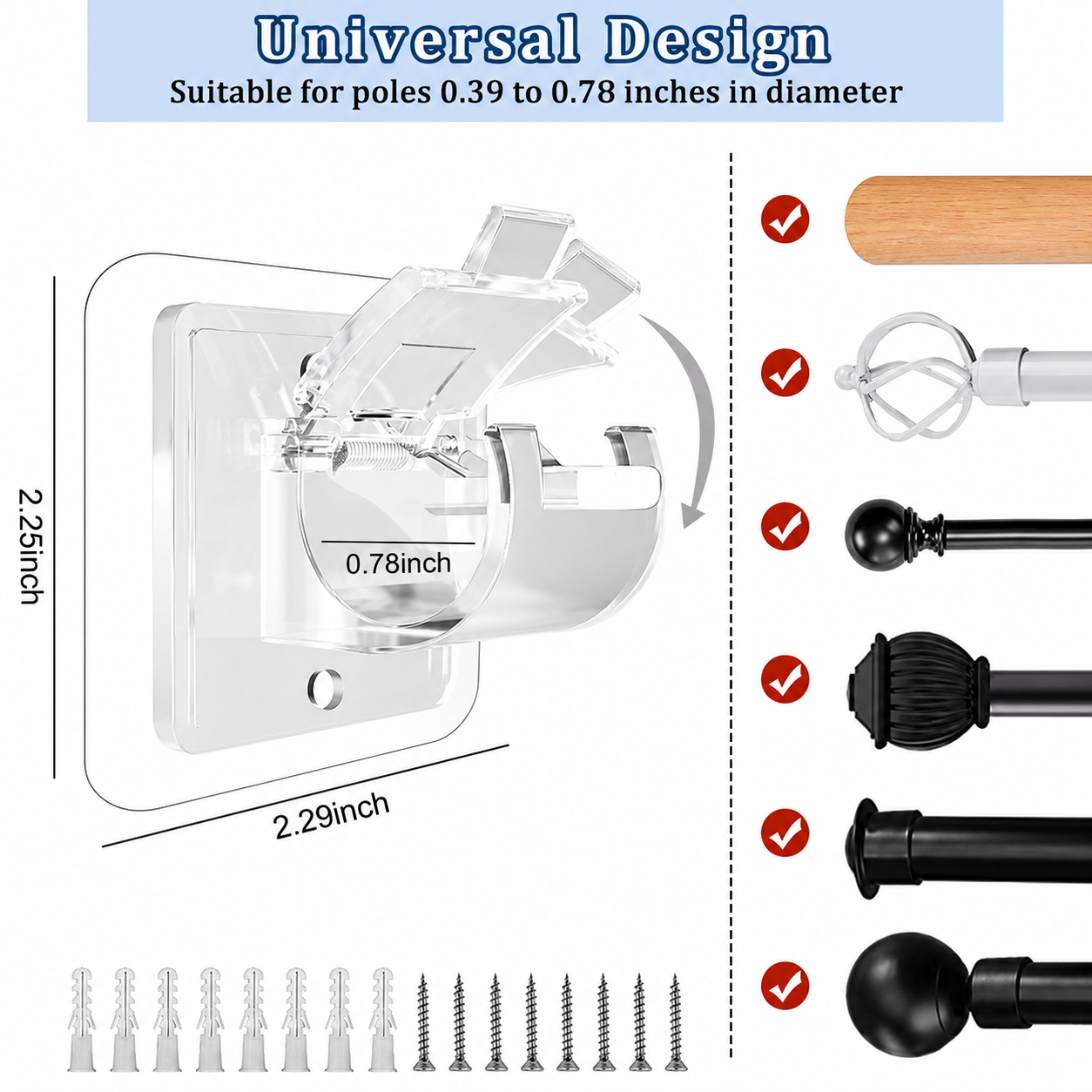 A set of 8PCS Curtain Rod Brackets with Clips,Transparent Drapery Hooks,Rod Hanging,Adjustable Rods Holder,Multipurposefor Curtain Rod Hooks for Livingroom Bathroom Kitchen Bedroom Toilet Apartment