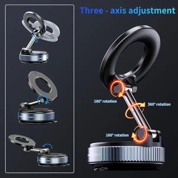 Foldable Magnetic Car Phone Holder - 20 N52 Magnets, Vacuum Suction Cup with Heat-Resistant Nano-Adhesive Base, Auto Accessories, Car Stuff, Phone Accessories for MagSafe Devices