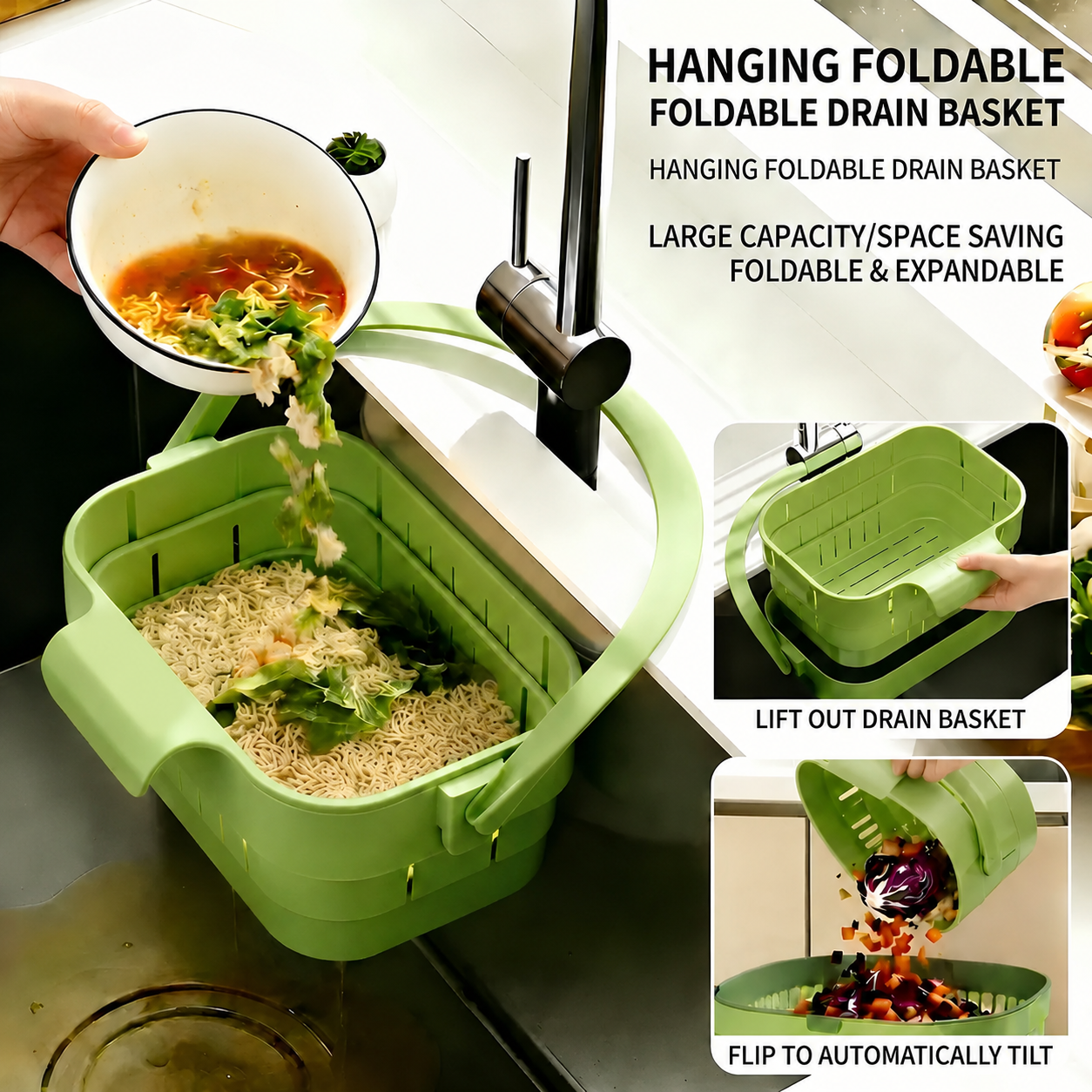 AA Foldable Hanging Kitchen Sink Drain Basket, Stainless Steel Kitchen Accessories - Hands-Free Hygienic Design, High-Efficiency Anti-Clog System, Tool-Free Installation, Slim Space-Saving, Easy-Clean, Low-Maintenance Strainer Kitchenware