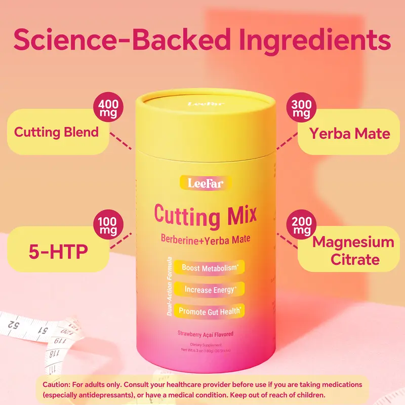 Cutting Drink Mix – Strawberry Açaí Flavor | Berberine + Yerba Mate Supplement, 30 Sticks