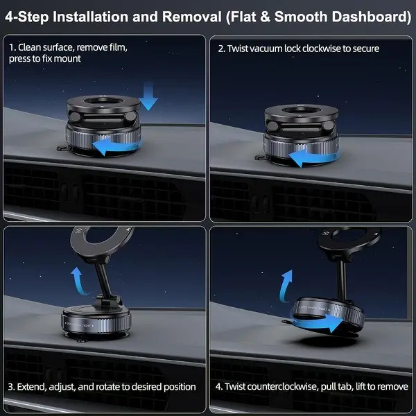Foldable Magnetic Car Phone Holder - 20 N52 Magnets, Vacuum Suction Cup with Heat-Resistant Nano-Adhesive Base, Auto Accessories, Car Stuff, Phone Accessories for MagSafe Devices