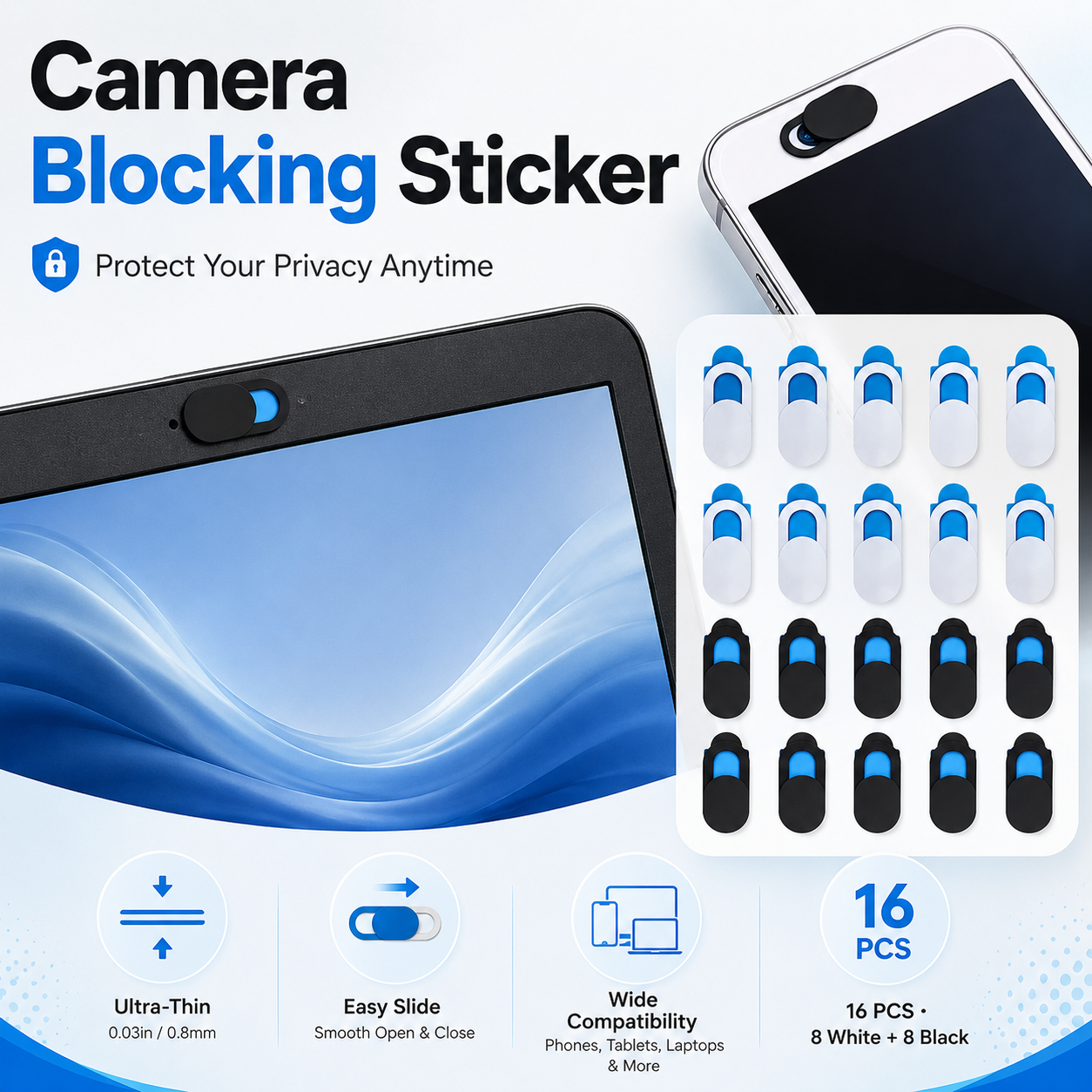 16-Piece Webcam Cover Set, Dual-Color Privacy Protector for Laptops & Tablets (8 Black + 8 White)