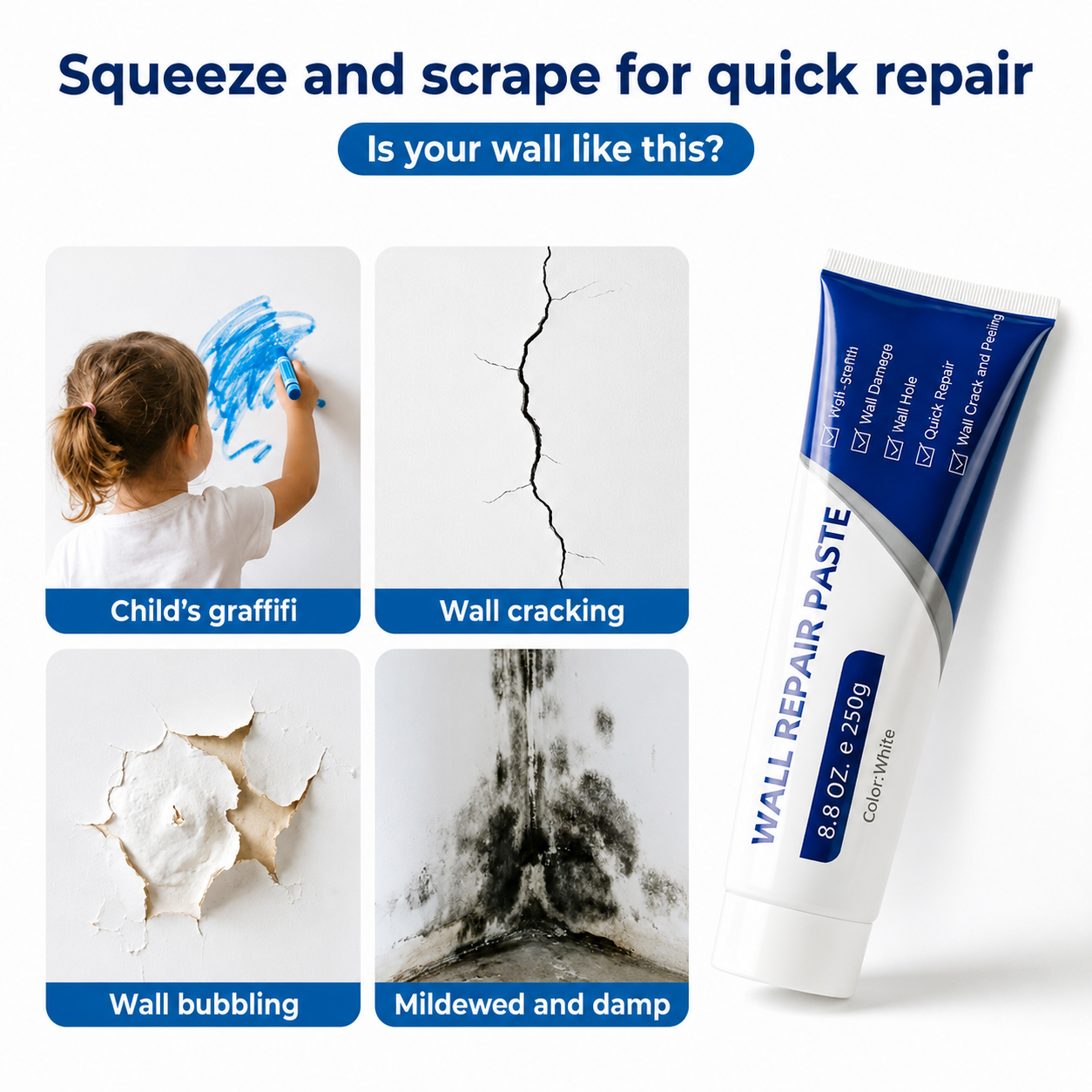 Drywall Patch Repair Kit – 250g Fast-Drying Mending Compound + Multi-Purpose Concrete Sealant + Waterproof Caulking Tools for Cracks, Holes & Leaks