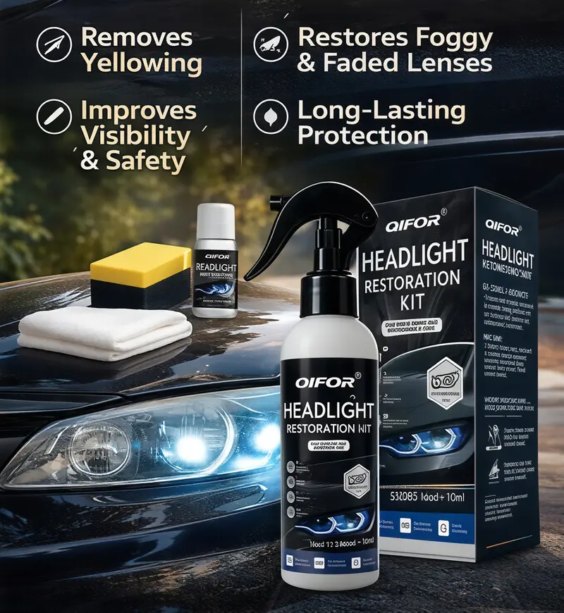 Automotive Headlamp Restoration Fluid, oxidized and yellowed automotive headlamps, blurring enhanced crystalline coating refurbisher
