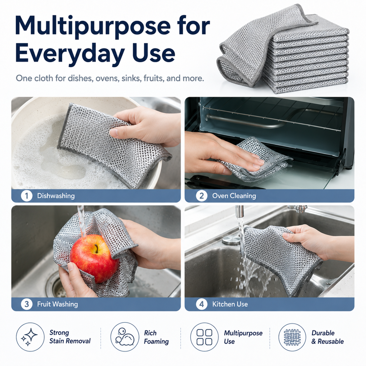 10 Counts Dishwashing Rags，Multipurpose Non-Scratch Wire Dishcloths for Wet and Dry Use, Reusable Wire Cleaning Cloths for Kitchen, Sinks, and Pans Silver Removable, Washable & More
