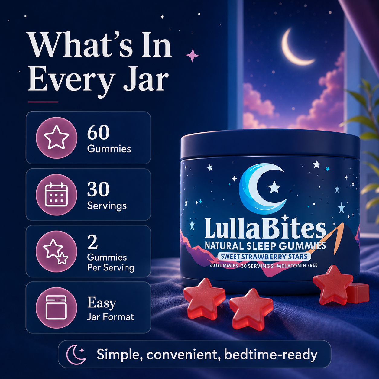 Natural Sleep Gummies – Sweet Strawberry Stars, Melatonin-Free, 60 Gummies / 30 Servings