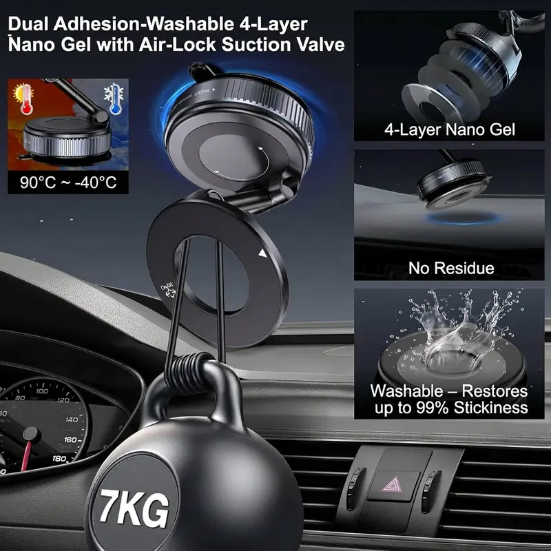 Foldable Magnetic Car Phone Holder - 20 N52 Magnets, Vacuum Suction Cup with Heat-Resistant Nano-Adhesive Base, Auto Accessories, Car Stuff, Phone Accessories for MagSafe Devices