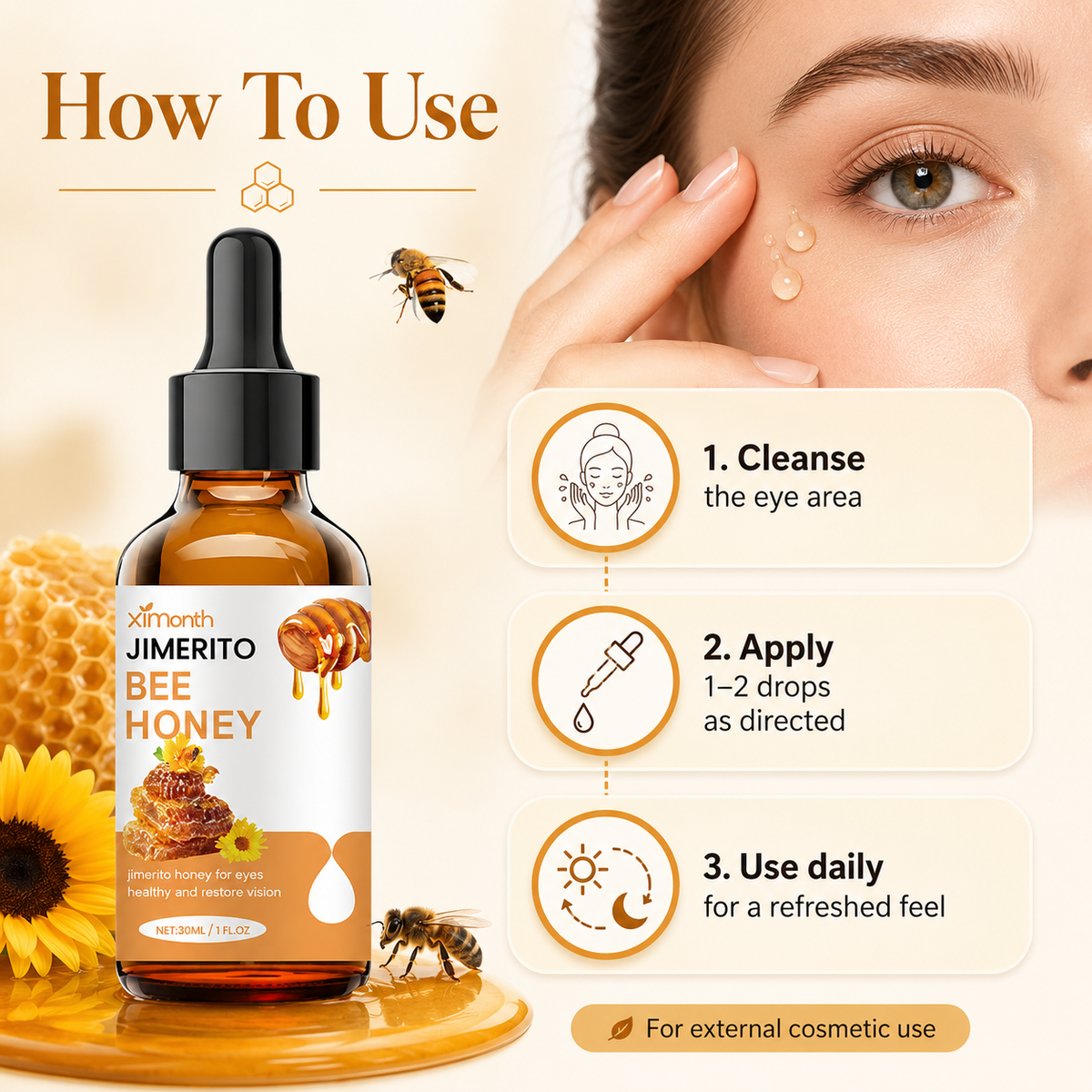 Ximonth Jimerito Honey For Eyes, Refreshing, Moisturizing And Soothing Eye Drops For Dry And Astringent Eyes