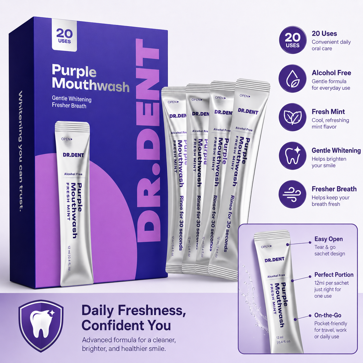 Purple Mouthwash - Sachets 20 Pack - Peroxide-Free - Alcohol Free - Vegan Mint