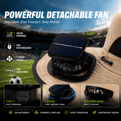 New Solar-Powered Outdoor Cooling Fan Hat — Sun Protection Hat with Solar Fan | Dual-Power Rechargeable Fan | Outdoor Water-Resistant Fan | Ideal for Sporting Events | Unisex Design