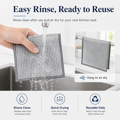 10 Counts Dishwashing Rags，Multipurpose Non-Scratch Wire Dishcloths for Wet and Dry Use, Reusable Wire Cleaning Cloths for Kitchen, Sinks, and Pans Silver Removable, Washable & More