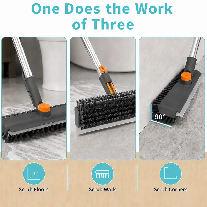 3-in-1 Adjustable Long Handle Floor Brush,Stiff Bristles and Silicone Squeegee, 360° Rotating & Click-Lock, 4 Rods for 3 Lengths, 45° No-Bend Ergonomic Design,for Bathroom, Glass, Garage, Kitchen & Pool