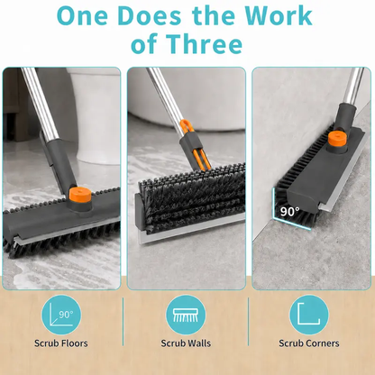 3-in-1 Adjustable Long Handle Floor Brush,Stiff Bristles and Silicone Squeegee, 360° Rotating & Click-Lock, 4 Rods for 3 Lengths, 45° No-Bend Ergonomic Design,for Bathroom, Glass, Garage, Kitchen & Pool