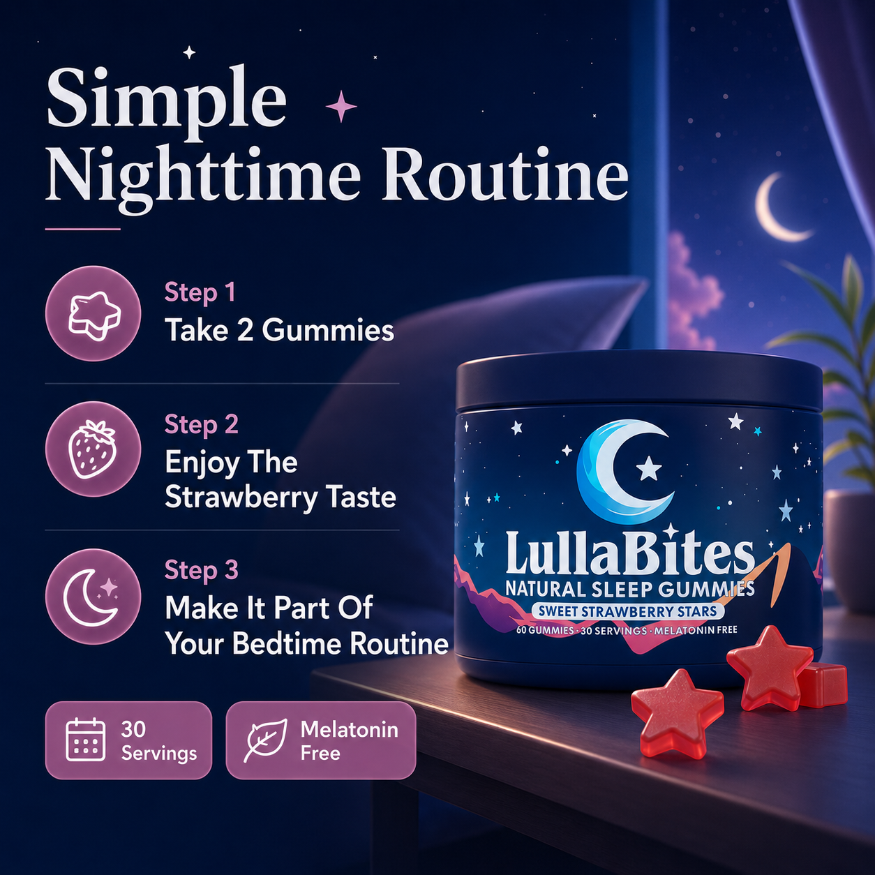 Natural Sleep Gummies – Sweet Strawberry Stars, Melatonin-Free, 60 Gummies / 30 Servings