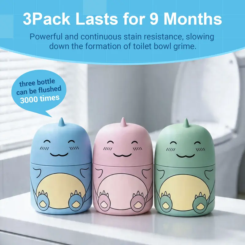 Cute Dinosaur-Shaped Toilet Bowl Cleaner Bottle, Bathroom Toilet Tank Cleaner with Ocean, Jasmine, and Peach Scent,Three bottles can be used for 9 months (Three colors and three bottles) Powerful Cleaning Tablets Household