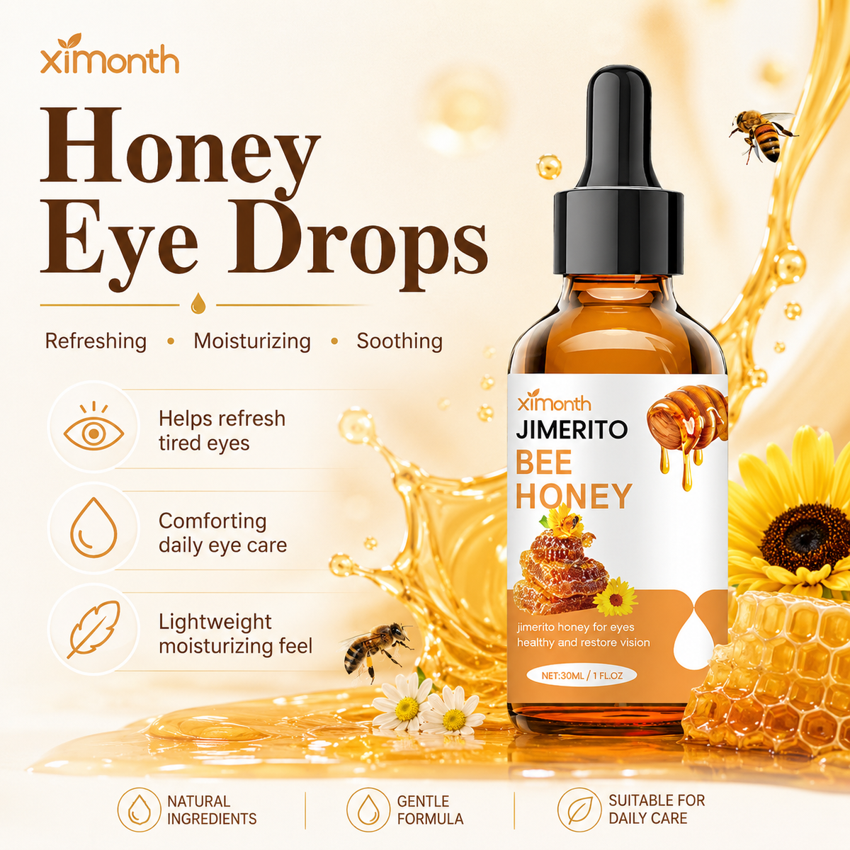 Ximonth Jimerito Honey For Eyes, Refreshing, Moisturizing And Soothing Eye Drops For Dry And Astringent Eyes