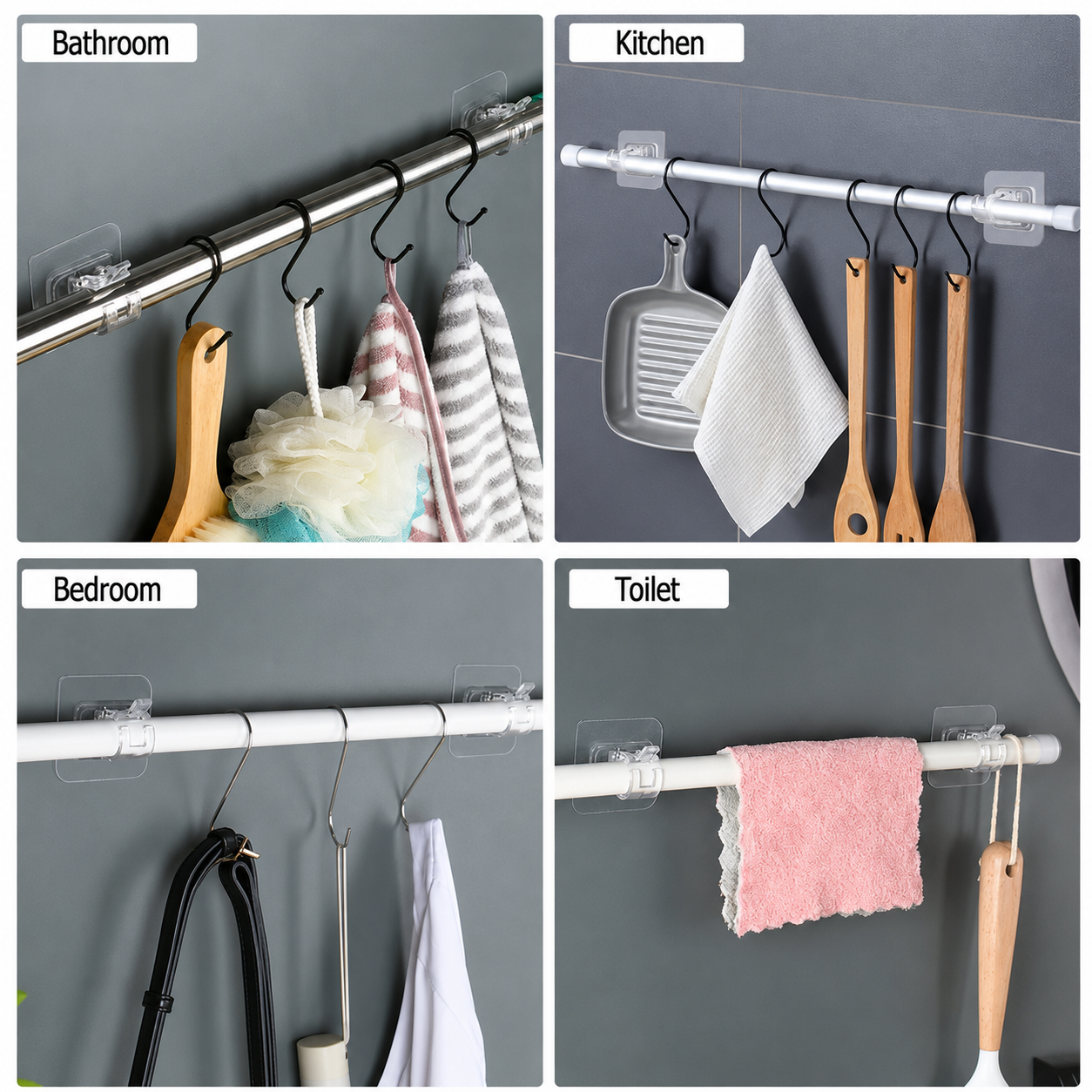 A set of 8PCS Curtain Rod Brackets with Clips,Transparent Drapery Hooks,Rod Hanging,Adjustable Rods Holder,Multipurposefor Curtain Rod Hooks for Livingroom Bathroom Kitchen Bedroom Toilet Apartment