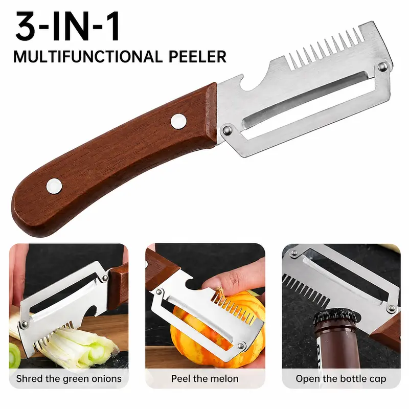 2 PCS Wood Handle Multifunction Kitchen Peeler – Peel, Slice, Scrape & Bottle Opener Tool