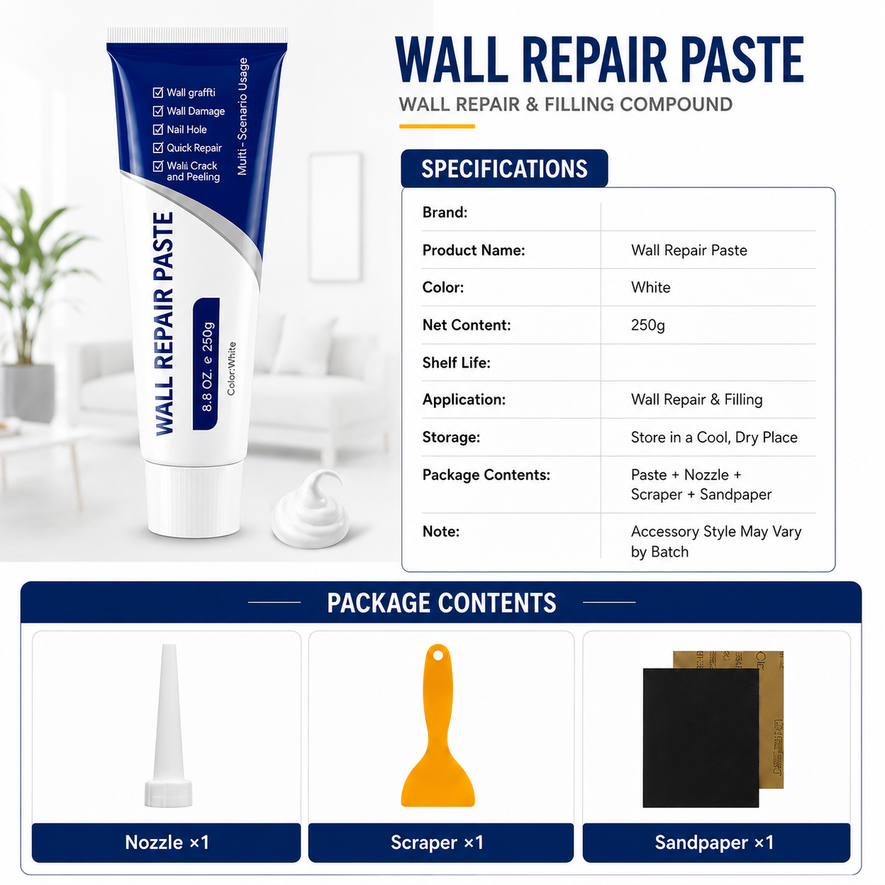 Drywall Patch Repair Kit – 250g Fast-Drying Mending Compound + Multi-Purpose Concrete Sealant + Waterproof Caulking Tools for Cracks, Holes & Leaks