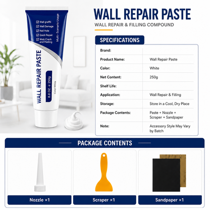 Drywall Patch Repair Kit – 250g Fast-Drying Mending Compound + Multi-Purpose Concrete Sealant + Waterproof Caulking Tools for Cracks, Holes & Leaks