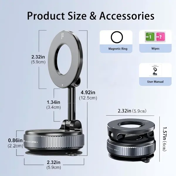 Foldable Magnetic Car Phone Holder - 20 N52 Magnets, Vacuum Suction Cup with Heat-Resistant Nano-Adhesive Base, Auto Accessories, Car Stuff, Phone Accessories for MagSafe Devices